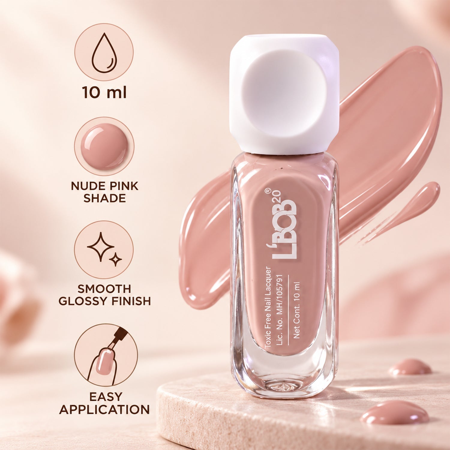 A bottle of nude pink nail polish sits on a pedestal with descriptive icons for volume, shade, finish, and application.