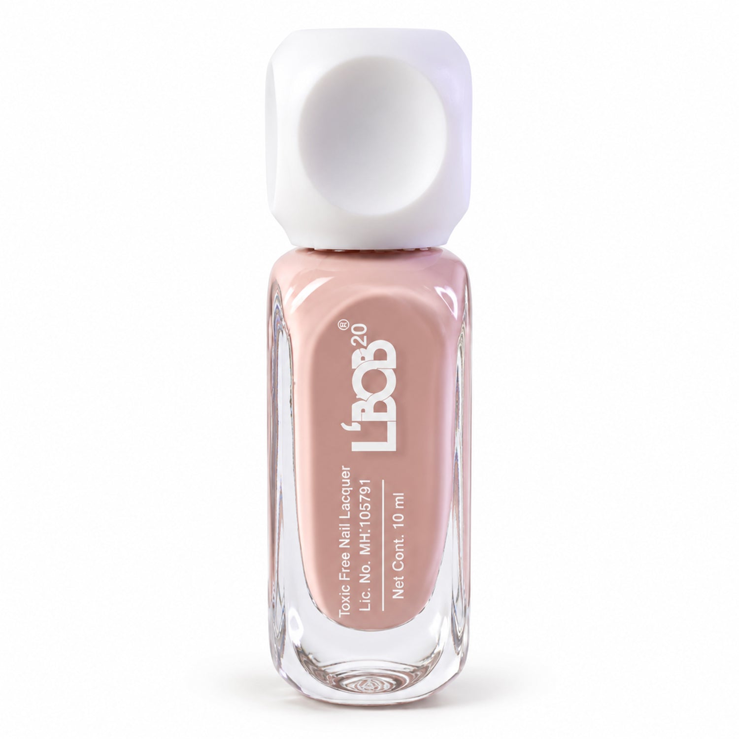 A single bottle of nude pink nail polish with a white square cap on a plain white background.