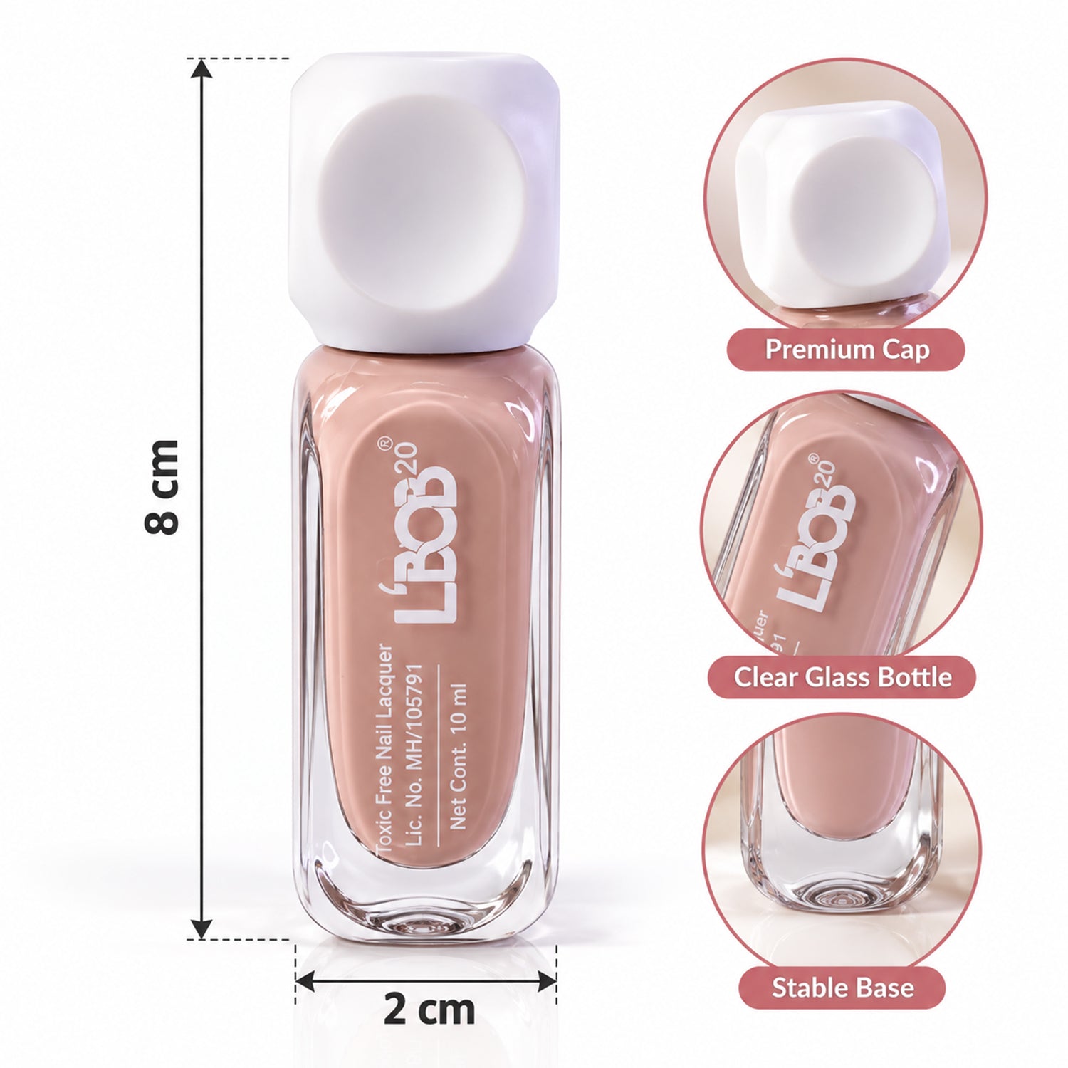 A bottle of nude pink nail polish with dimensions of 8 cm height and 2 cm width, showing cap, bottle, and base details.
