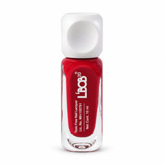 A clear bottle of red nail polish with a white square cap is shown on a plain white background.