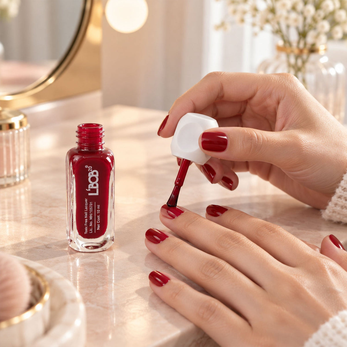 Wine maroon nail polish bottle with matte finish and brush applicator
