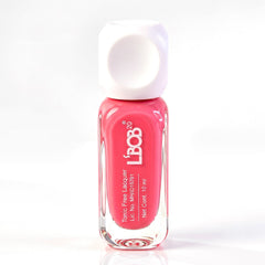 A single bottle of pink nail polish with a white cap is centered on a clean white background.