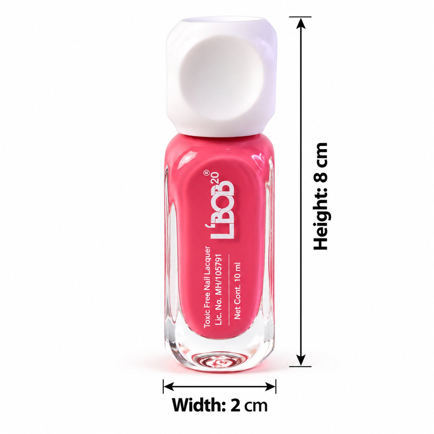 A pink nail polish bottle with a white cap is shown with height and width measurements of 8 cm and 2 cm.