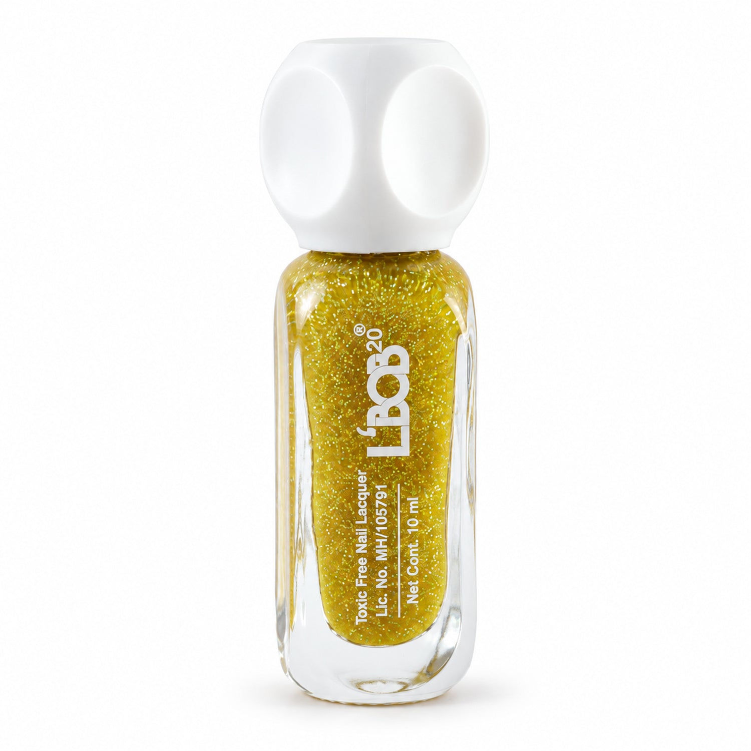 A bottle of gold glitter nail polish with a white cap stands on a white background.
