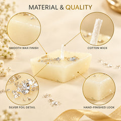 A single diamond-shaped cream candle with silver foil, showcasing its smooth wax finish, cotton wick, and hand-finished look