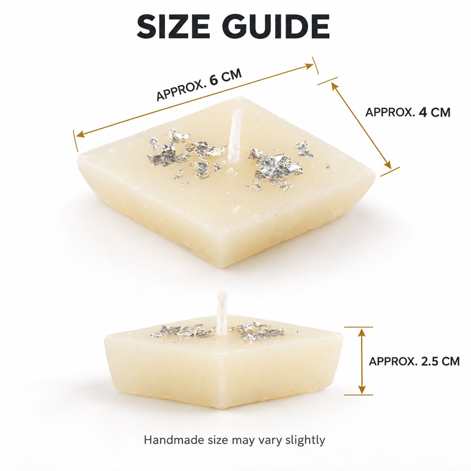 Two views of a single diamond-shaped cream candle with silver foil, displaying its approximate dimensions of 6 cm by 4 cm by