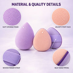 Close-up of a purple sponge and a peach puff, highlighting their soft textures and woven strap.