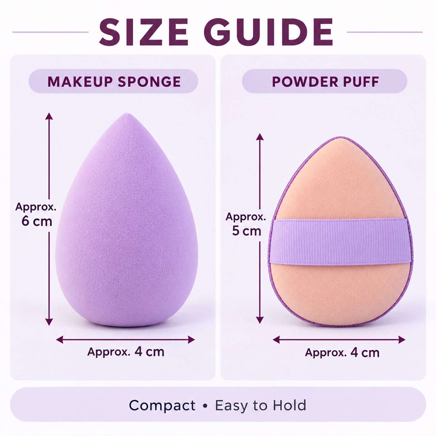 A size guide shows a 6 cm lavender makeup sponge and a 5 cm peach powder puff with a strap.