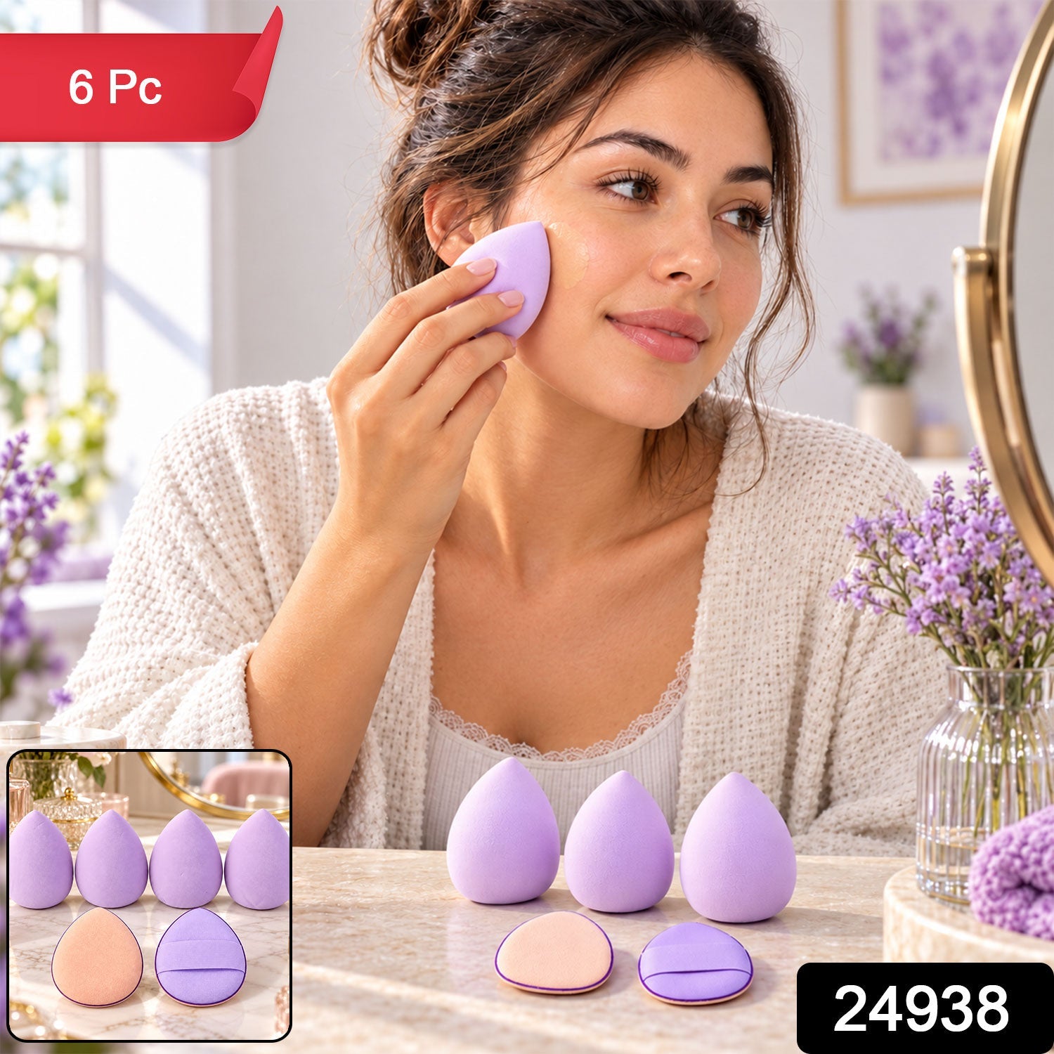 A woman uses a purple makeup sponge, with a set of six blending tools displayed on a vanity.