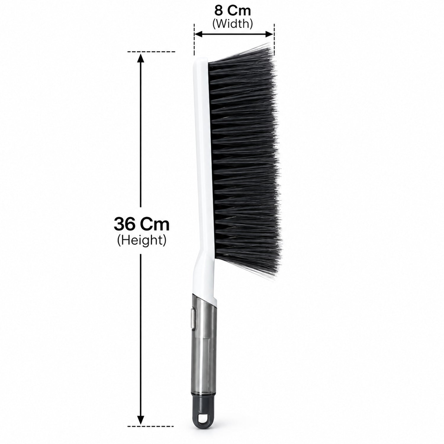 The white and gray brush is shown upright with measurements indicating its 36 cm height and 8 cm width.