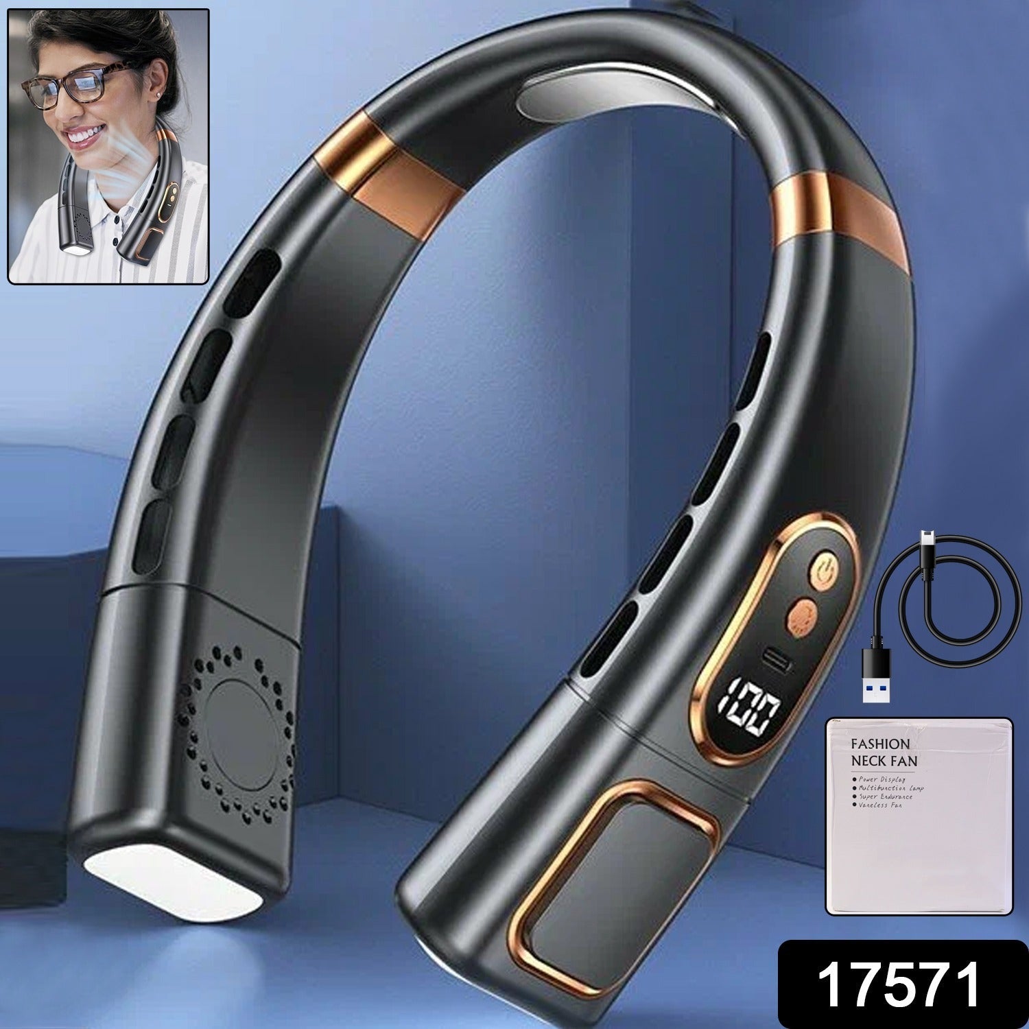 Premium USB Rechargeable Fashion Neck Fan with Digital Display (1 Pc)