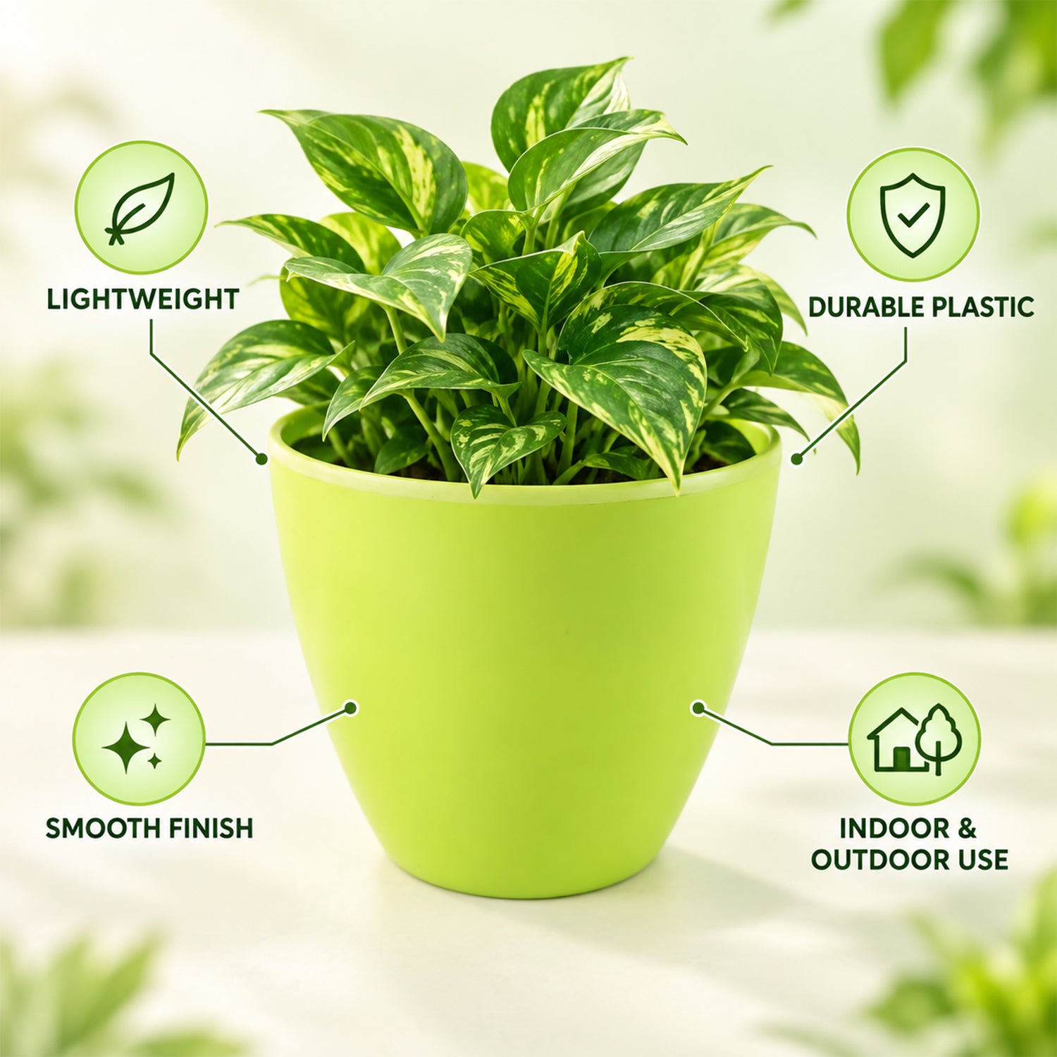 A green plastic pot with a leafy plant, surrounded by four green circles highlighting product features like lightweight and