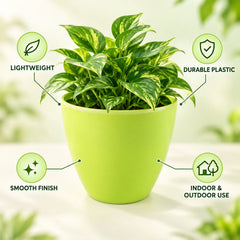 A green plastic pot with a leafy plant, surrounded by four green circles highlighting product features like lightweight and