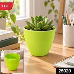 A green plastic pot with a succulent plant on a wooden desk, with a red "1 Pc" label and a black "25020" label in the