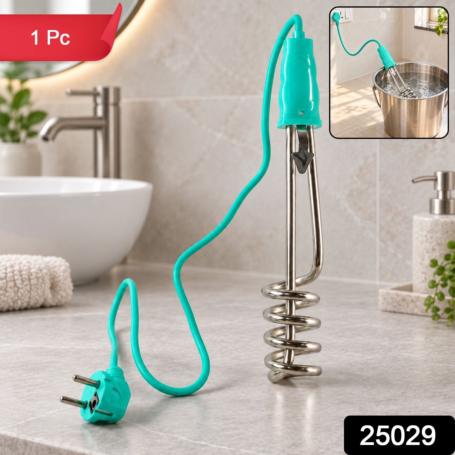 The teal and silver electric immersion water heater rod is displayed on a bathroom counter, with a red "1 Pc" label and