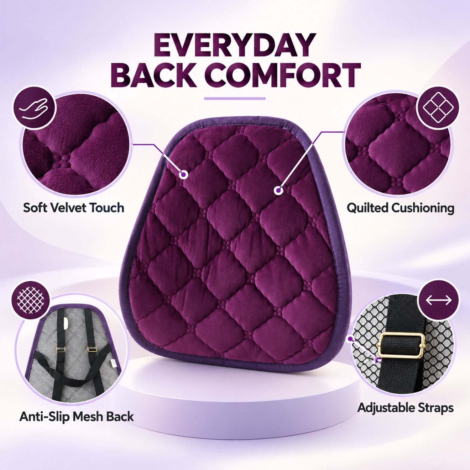 Purple Quilted Car Back Support Cushion