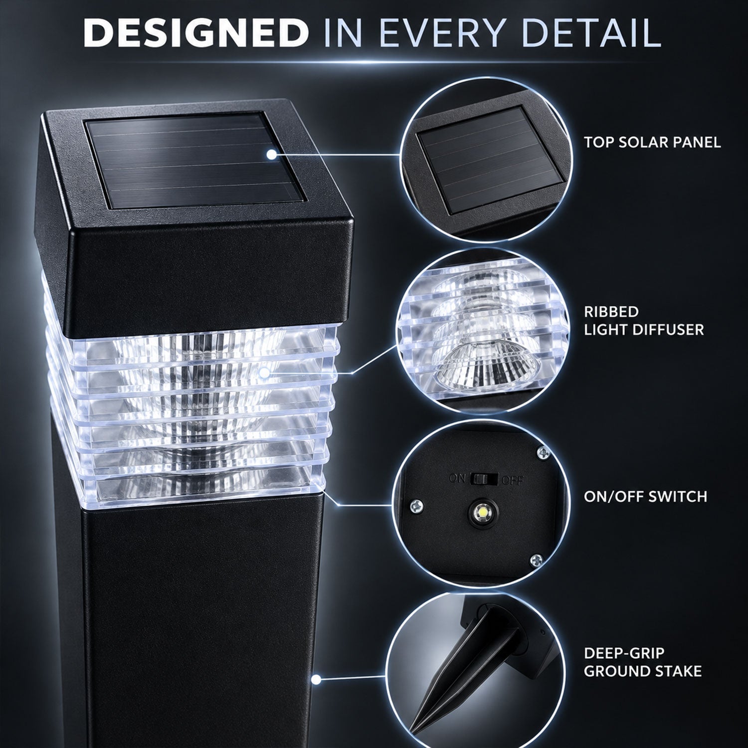 A close-up of the black solar light with callouts for its top solar panel, ribbed diffuser, on/off switch, and ground stake.
