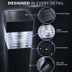A close-up of the black solar light with callouts for its top solar panel, ribbed diffuser, on/off switch, and ground stake.