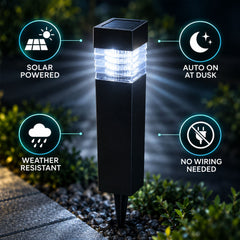 A single black solar light with icons indicating it is solar powered, auto on at dusk, weather resistant, and needs no