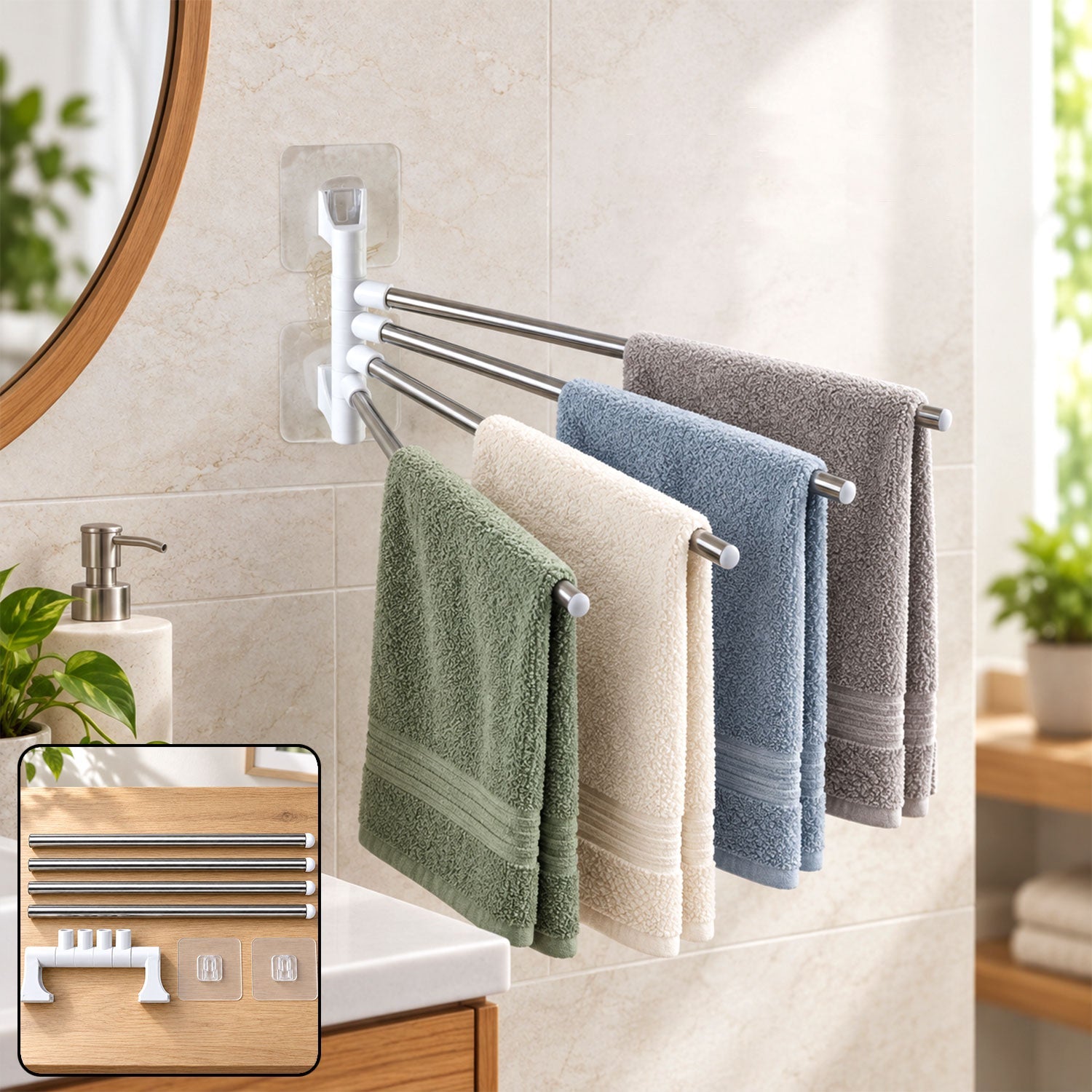 A white and silver four-bar towel rack holding four different colored towels is mounted on a tiled bathroom wall.