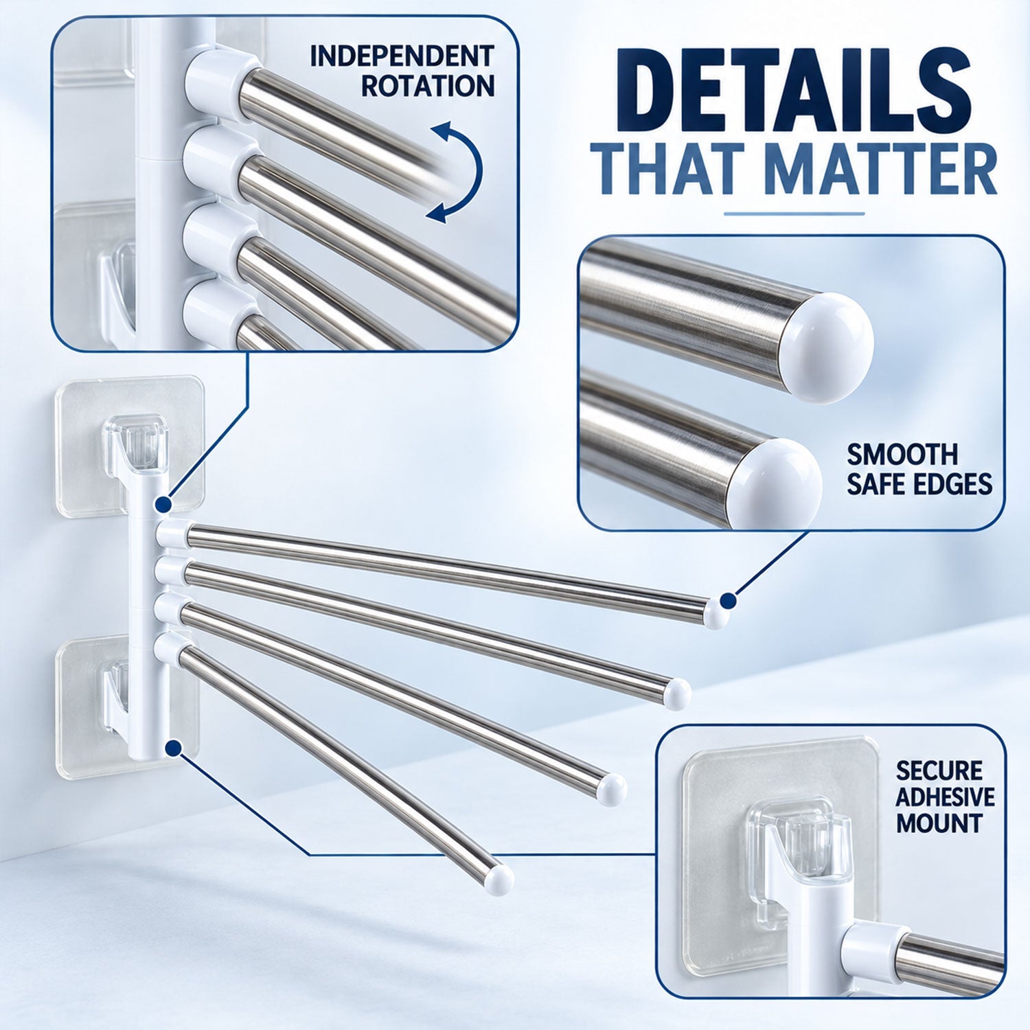 Close-up views highlight the independent rotation, smooth safe edges, and secure adhesive mount of the towel rack.