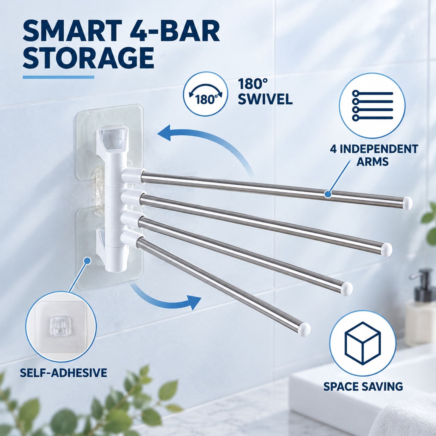 The towel rack is shown with arrows indicating 180-degree swivel and self-adhesive, space-saving features.
