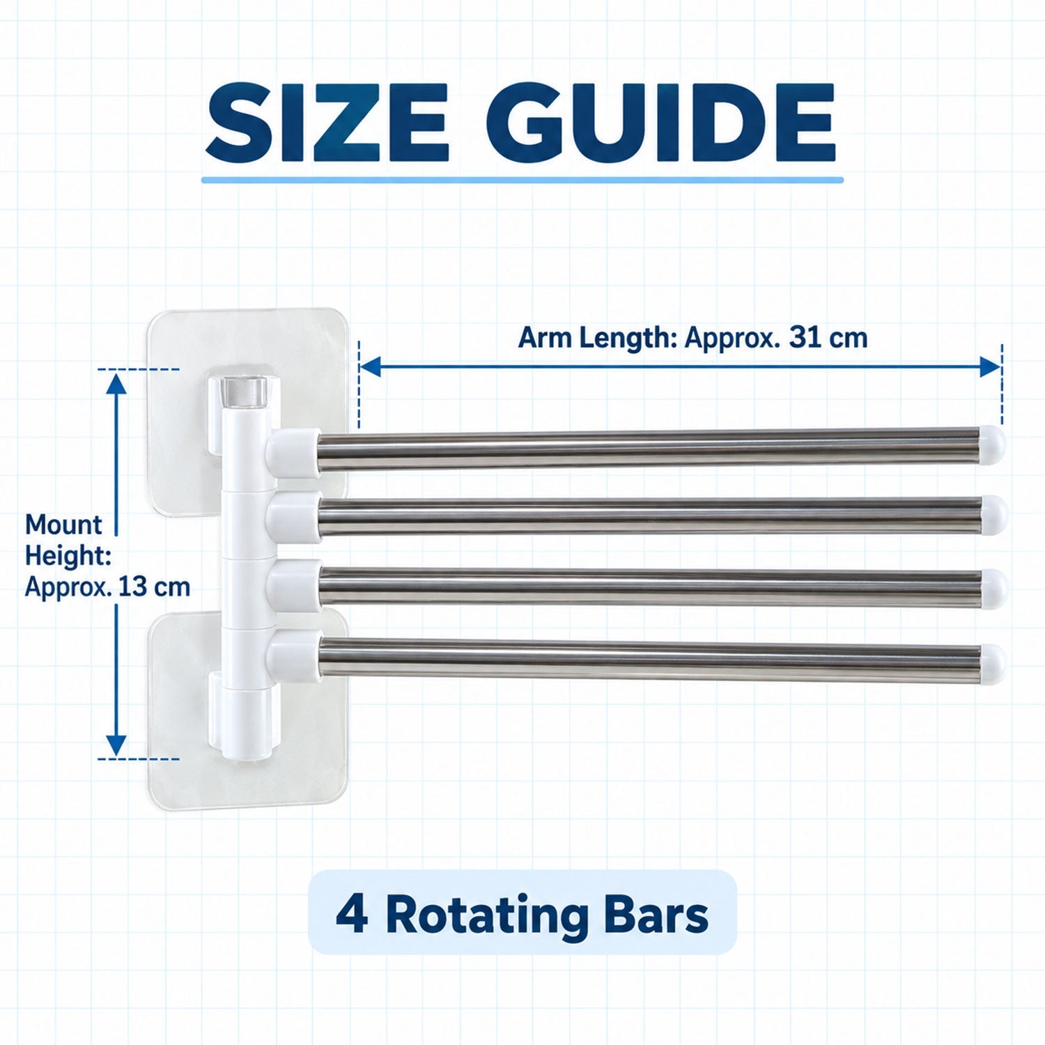 A size guide displays the dimensions of the four rotating bars and the mount height of the towel rack.