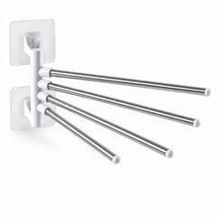 The white and silver four-bar towel rack is shown extended against a plain white background.