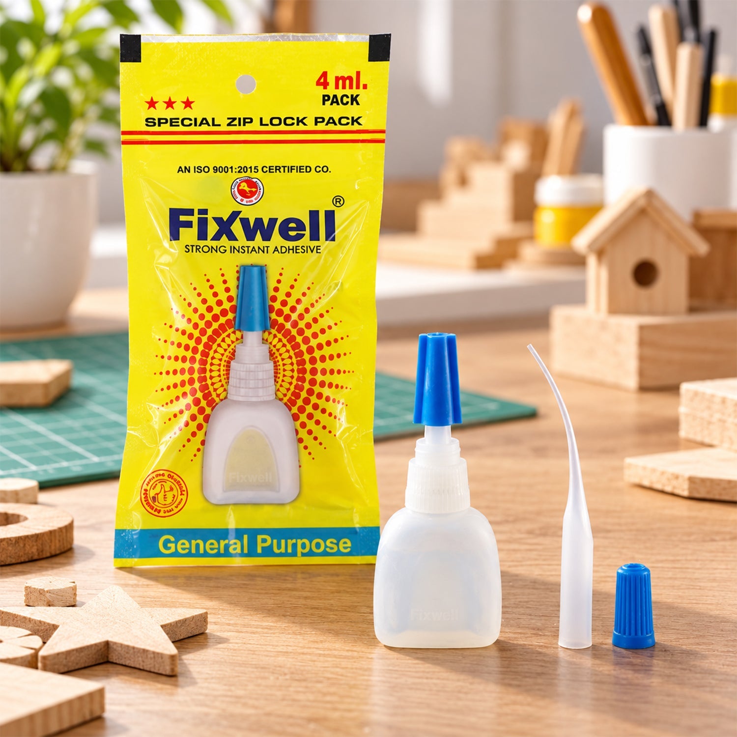 A yellow Fixwell glue packet stands upright, with a small white glue bottle, a fine extension nozzle, and a blue cap
