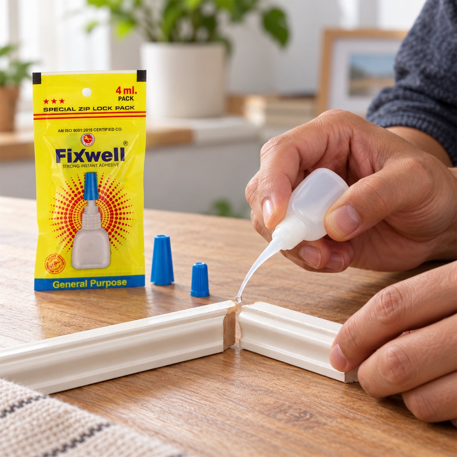 A person applies clear glue from a small white bottle with a fine nozzle to join two pieces of white molding on a wooden