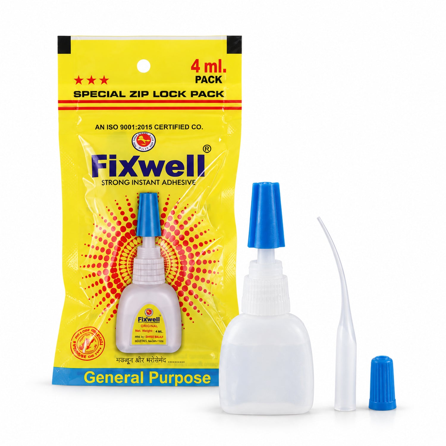A yellow Fixwell glue packet is positioned behind a small white glue bottle with a blue cap, a separate fine extension