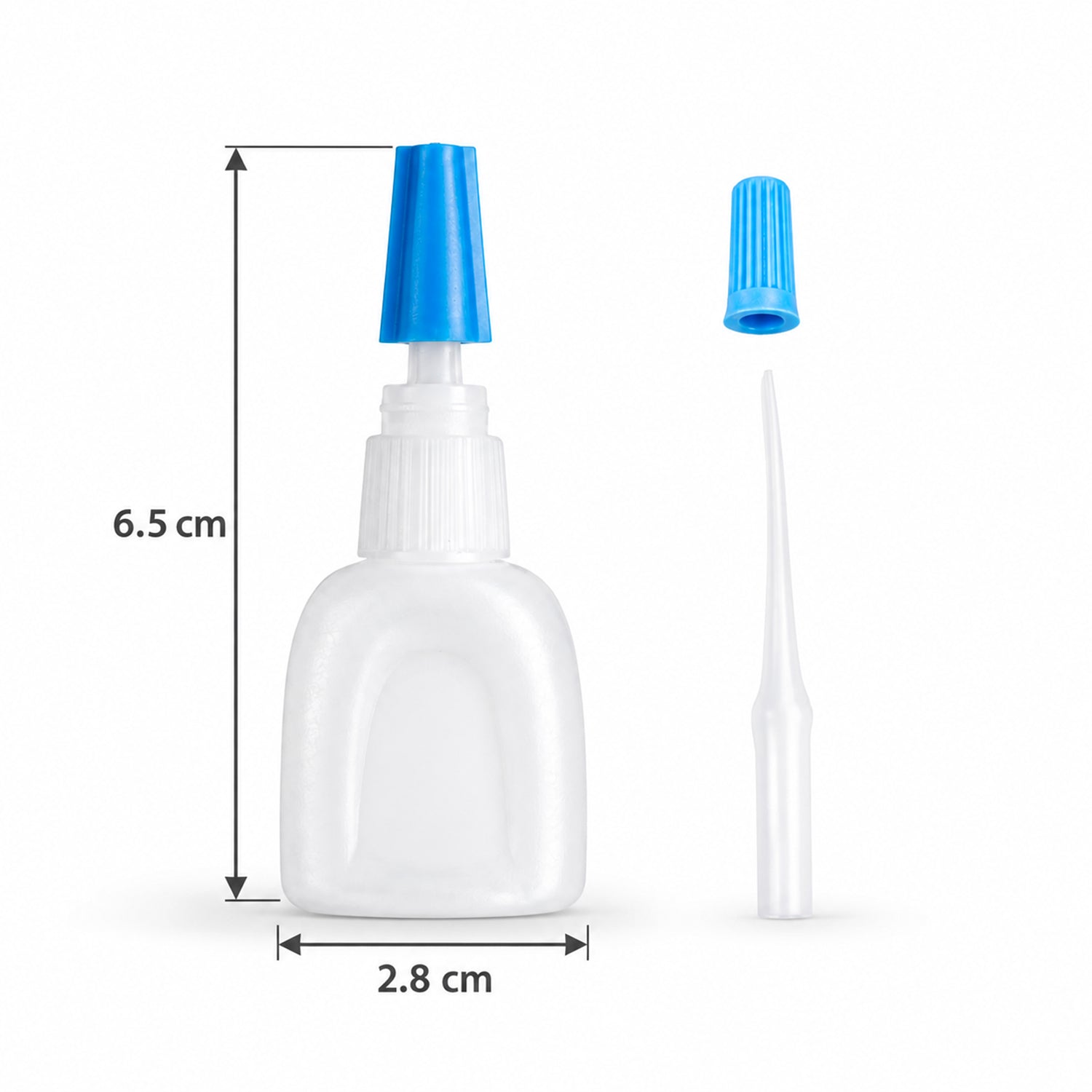 A small white glue bottle with a blue cap and a separate fine extension nozzle are shown with dimensions of 6.5 cm height