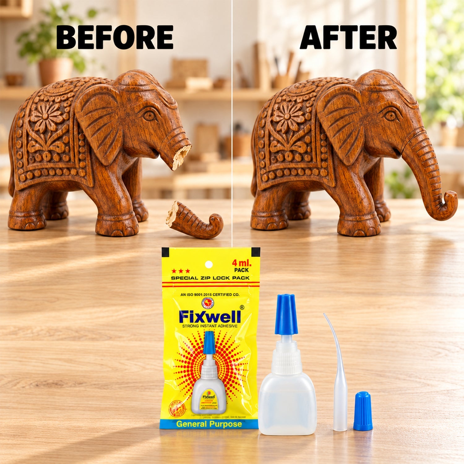 A split image shows a broken wooden elephant figurine before repair and then fully restored, with the Fixwell glue packet