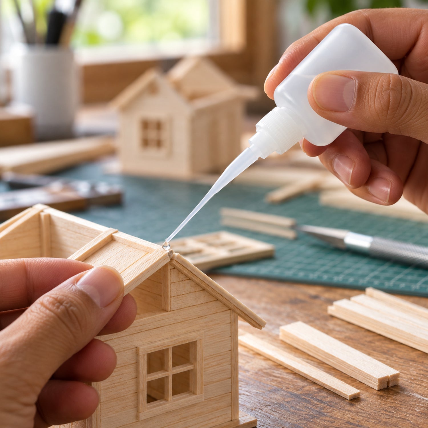 A person's hands delicately apply glue from a white bottle to assemble a small wooden model house.