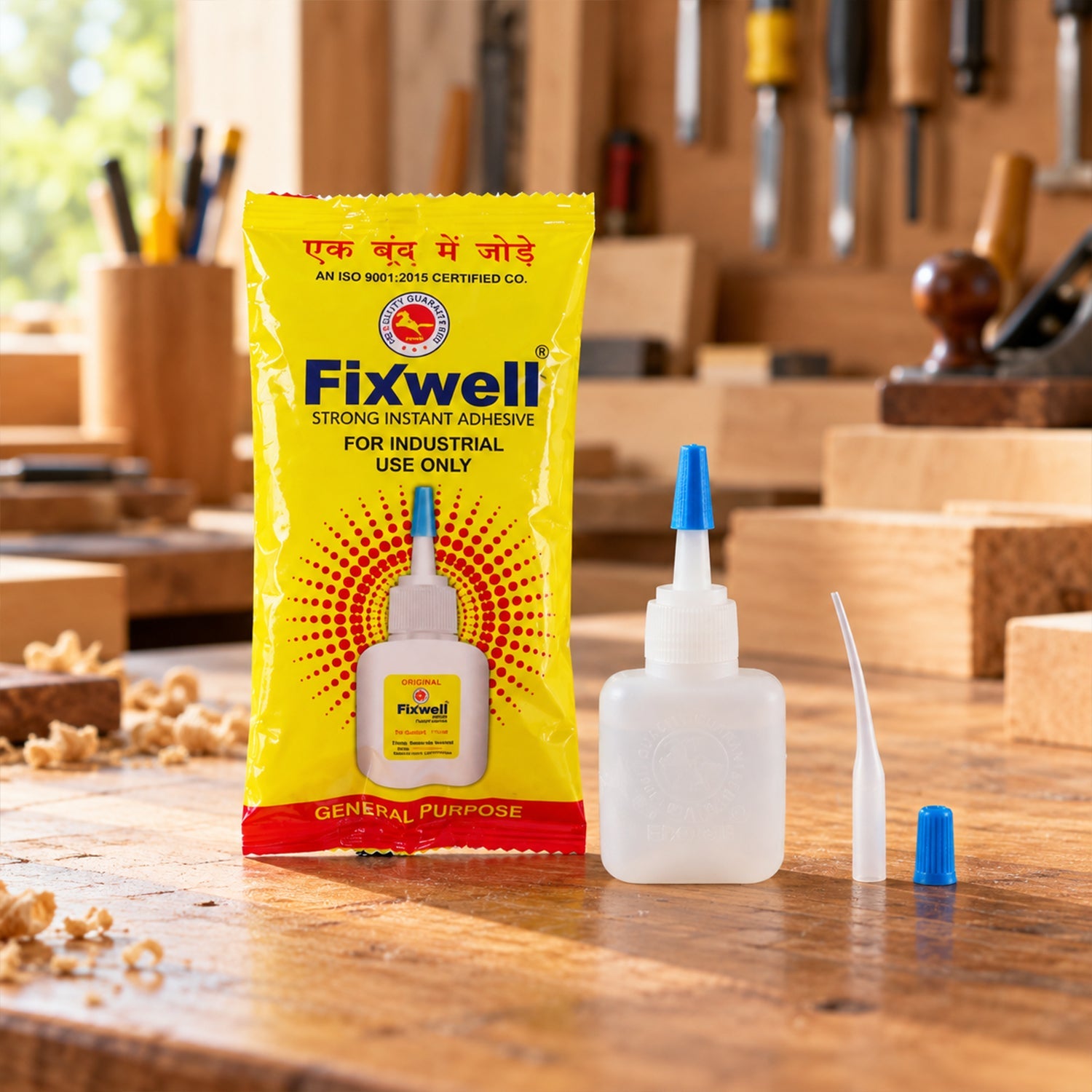 A yellow Fixwell glue packet, a white glue bottle, and two fine nozzles are displayed on a wooden workbench.