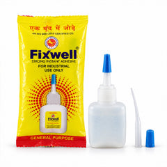 A yellow Fixwell glue packet, a white glue bottle with a blue cap, and two fine nozzles are displayed.