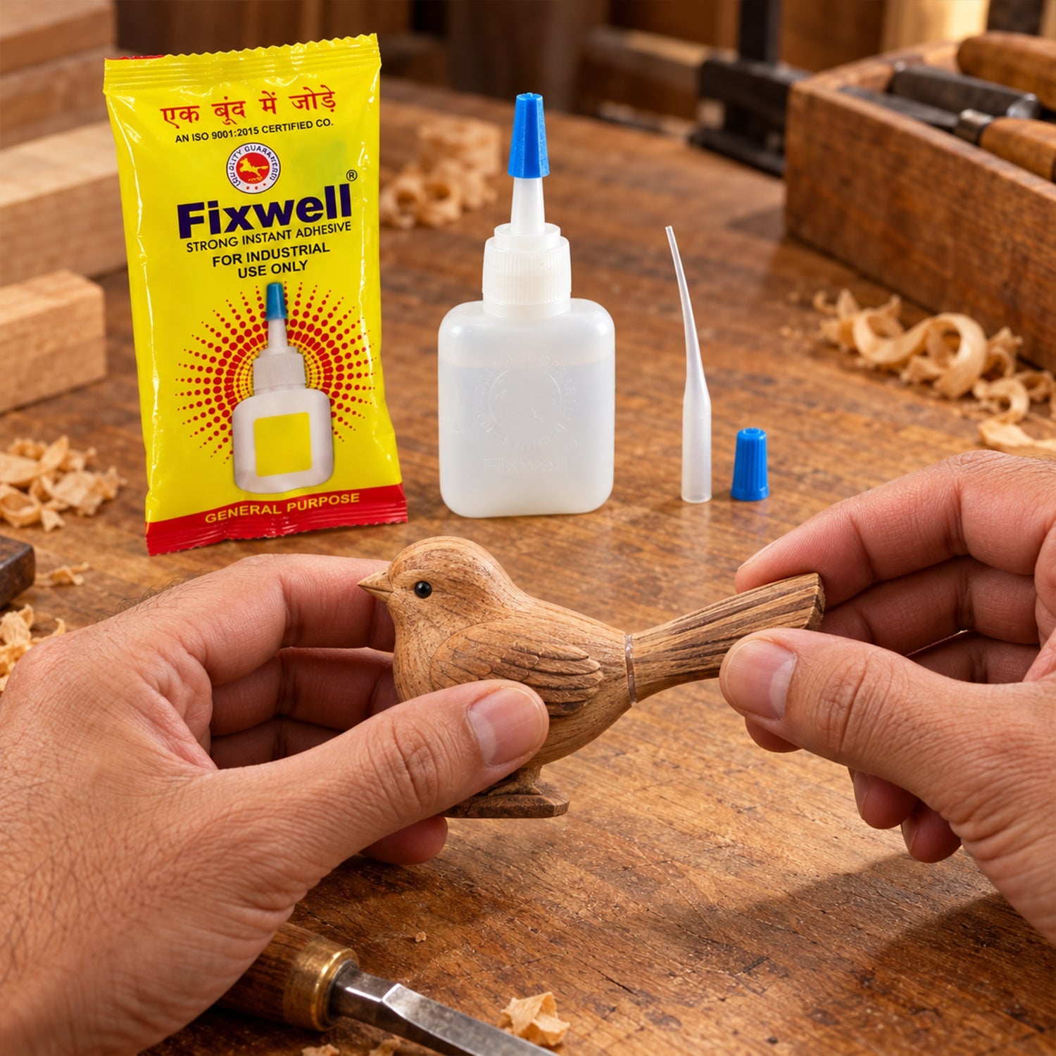Hands hold a wooden bird figurine, with a Fixwell glue packet and bottle visible in the background.