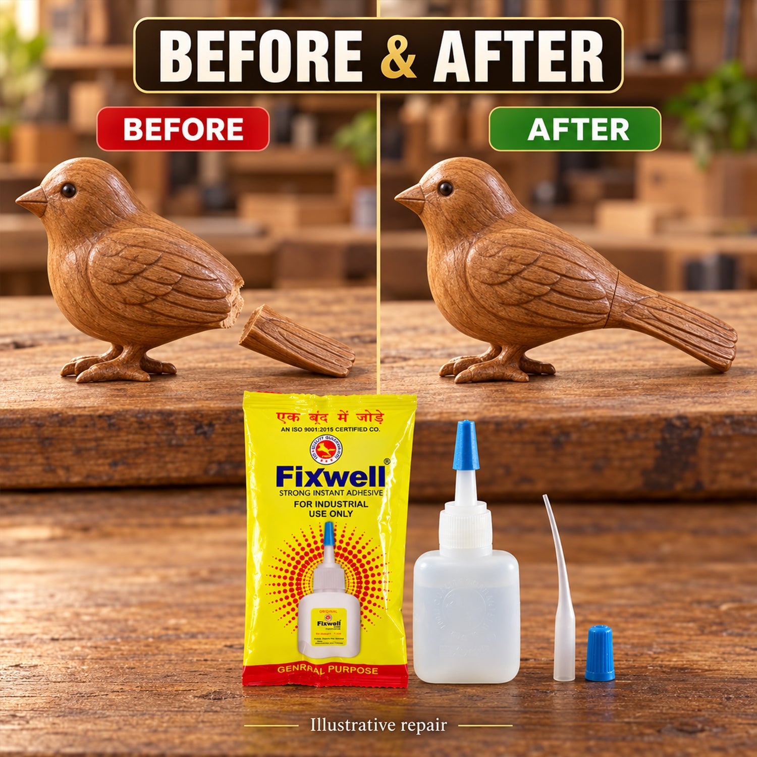 A before and after comparison shows a repaired wooden bird figurine, alongside the Fixwell glue packet and bottle.