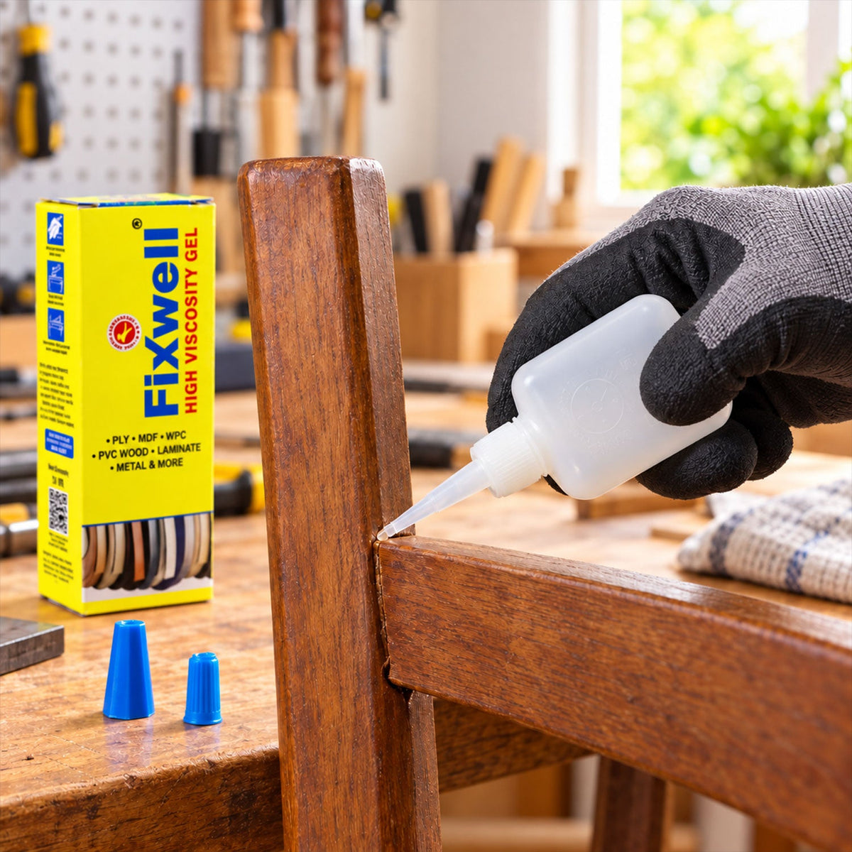 A gloved hand applies clear adhesive gel from a white bottle to repair a wooden chair in a workshop.