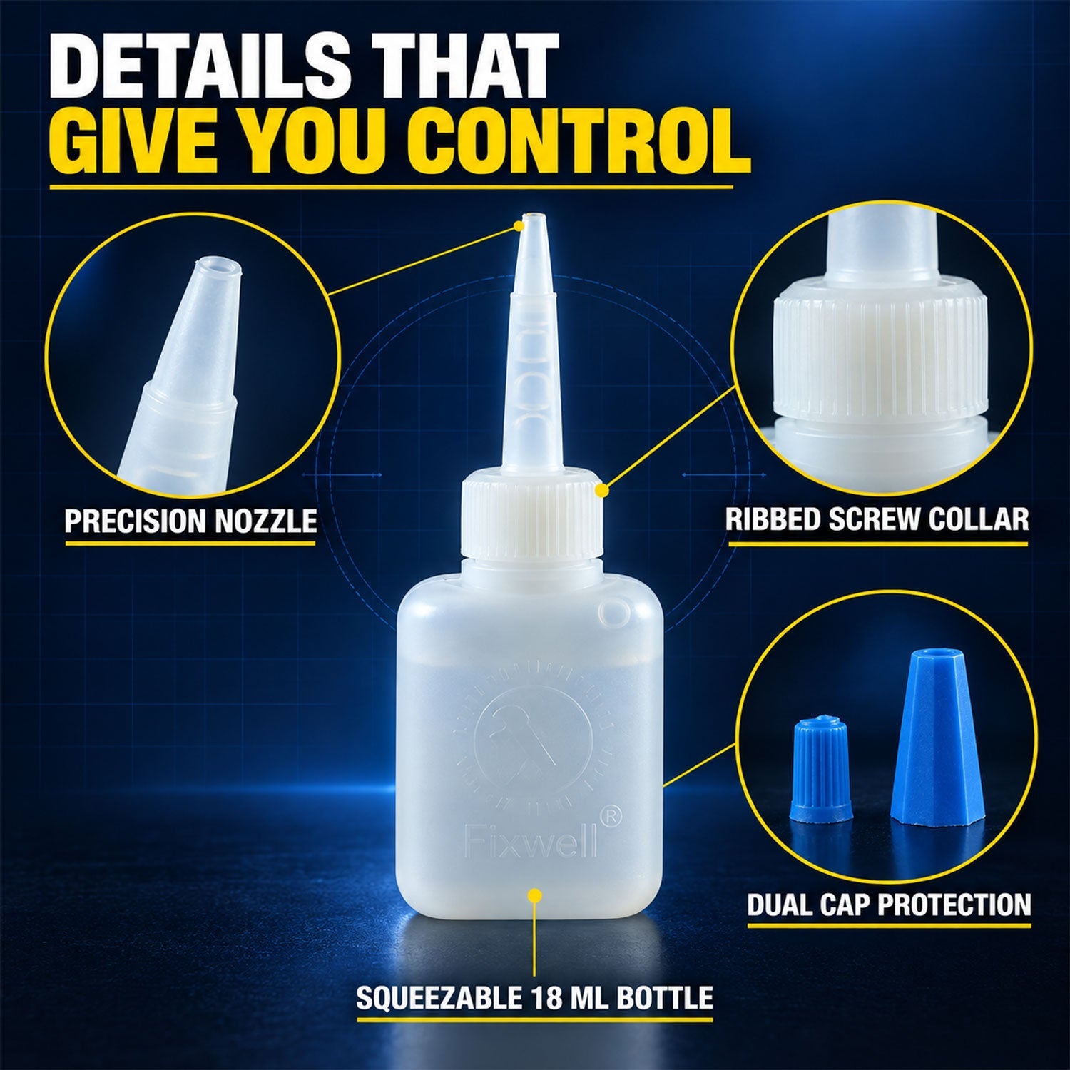 A detailed diagram shows the transparent adhesive bottle with its precision nozzle, ribbed collar, and dual caps.