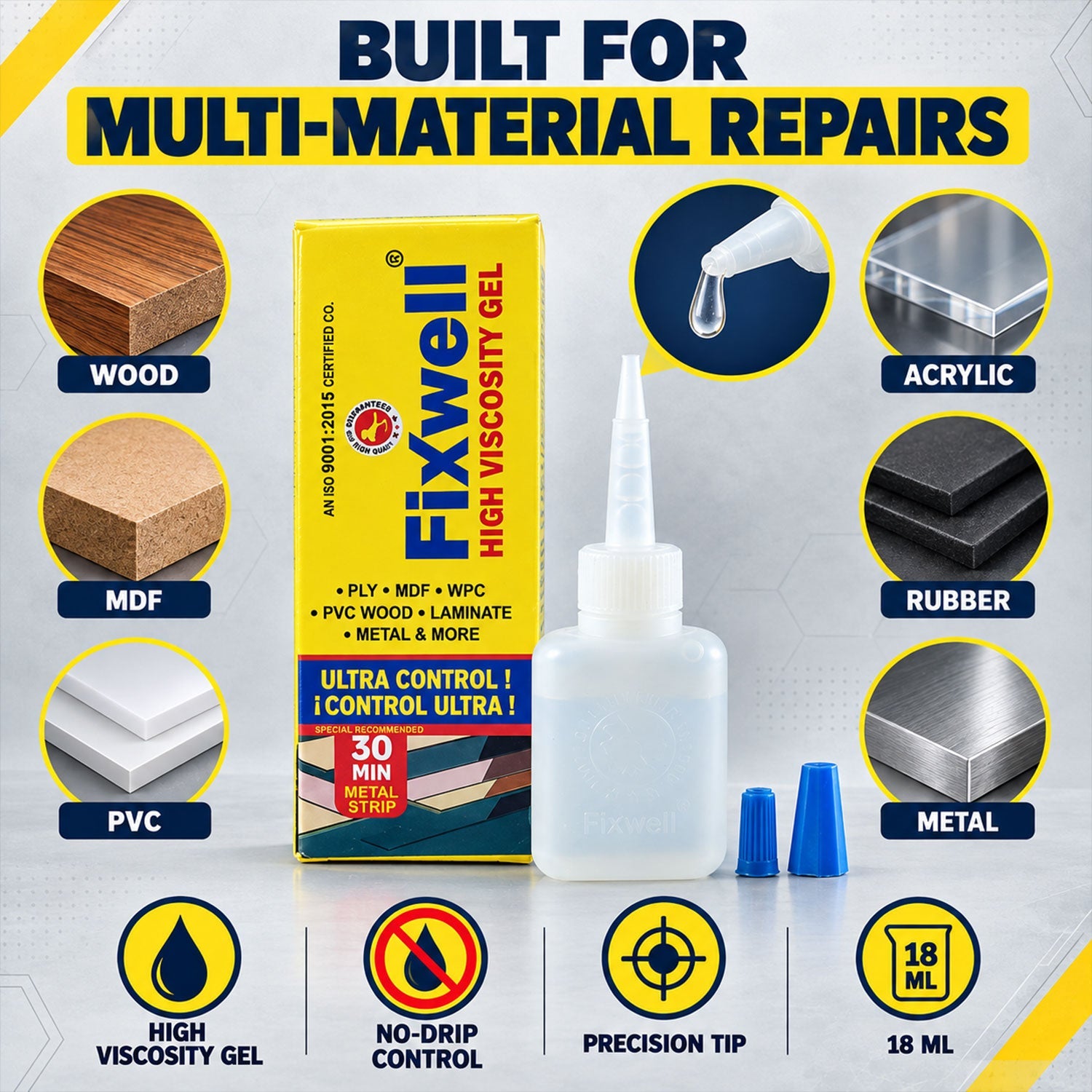The adhesive gel bottle and packaging are surrounded by images of materials it can bond, including wood, metal, and rubber.