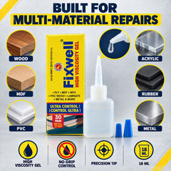 The adhesive gel bottle and packaging are surrounded by images of materials it can bond, including wood, metal, and rubber.