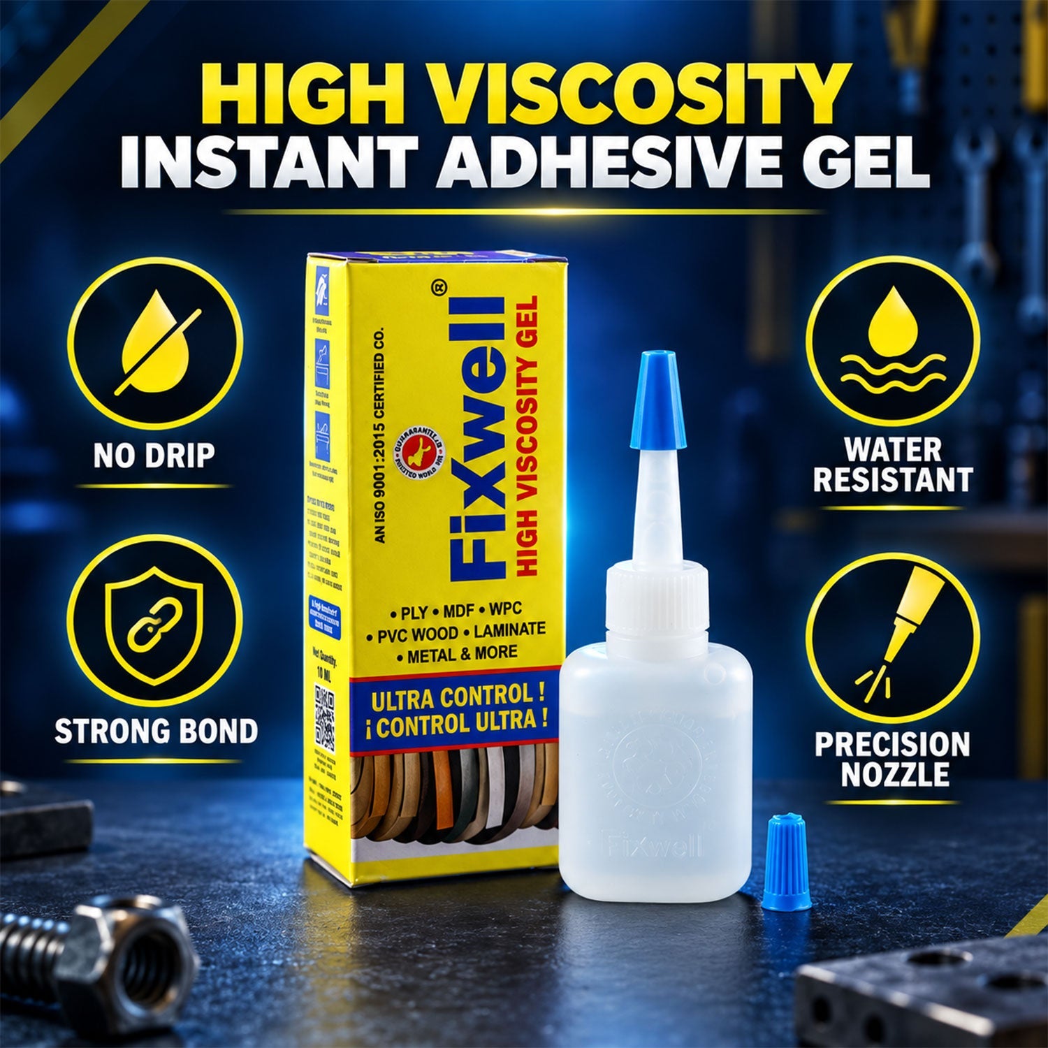 The adhesive gel bottle and box are shown with icons highlighting its no-drip, water-resistant, and strong bonding