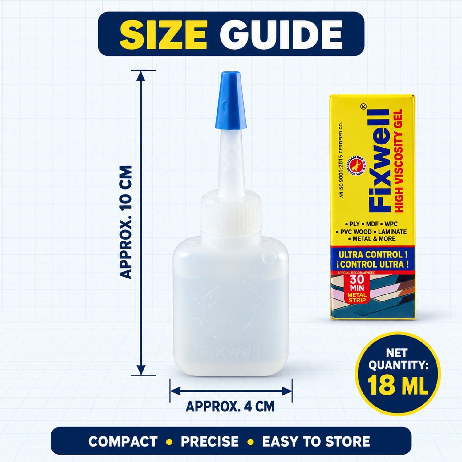 A size guide displays the compact dimensions of the white adhesive bottle and its yellow packaging against a blue banner.