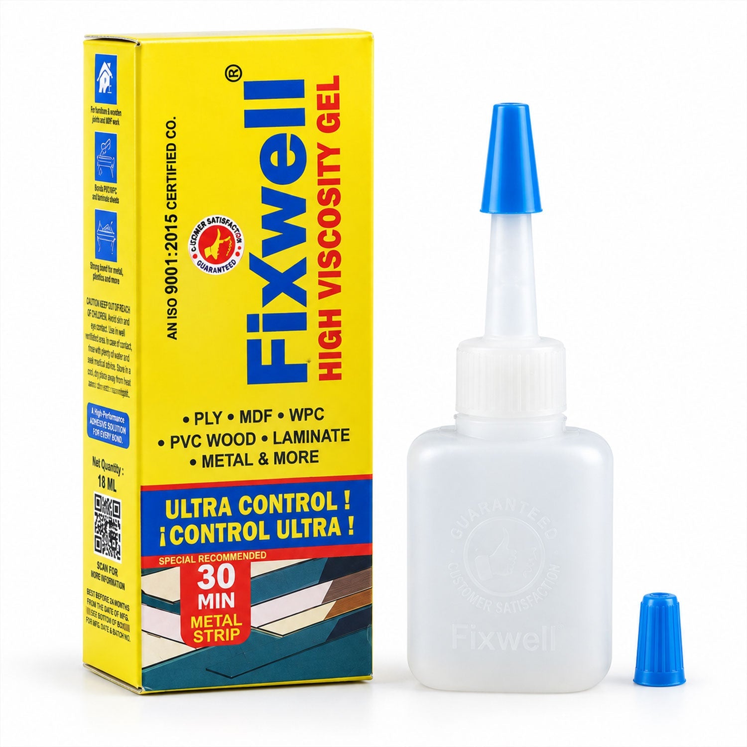 A yellow and blue box of Fixwell adhesive gel stands next to its white bottle with a blue cap on a white surface.