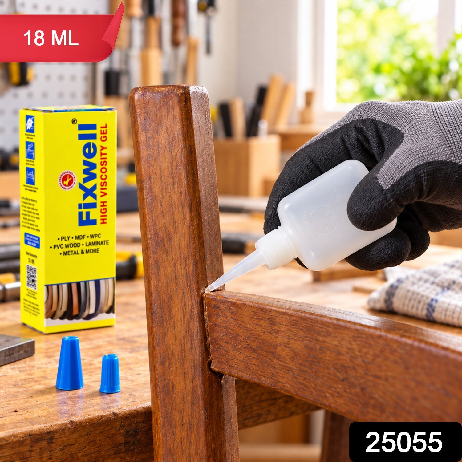 A person in gloves uses a small white bottle of adhesive gel to repair a wooden chair in a bright room.