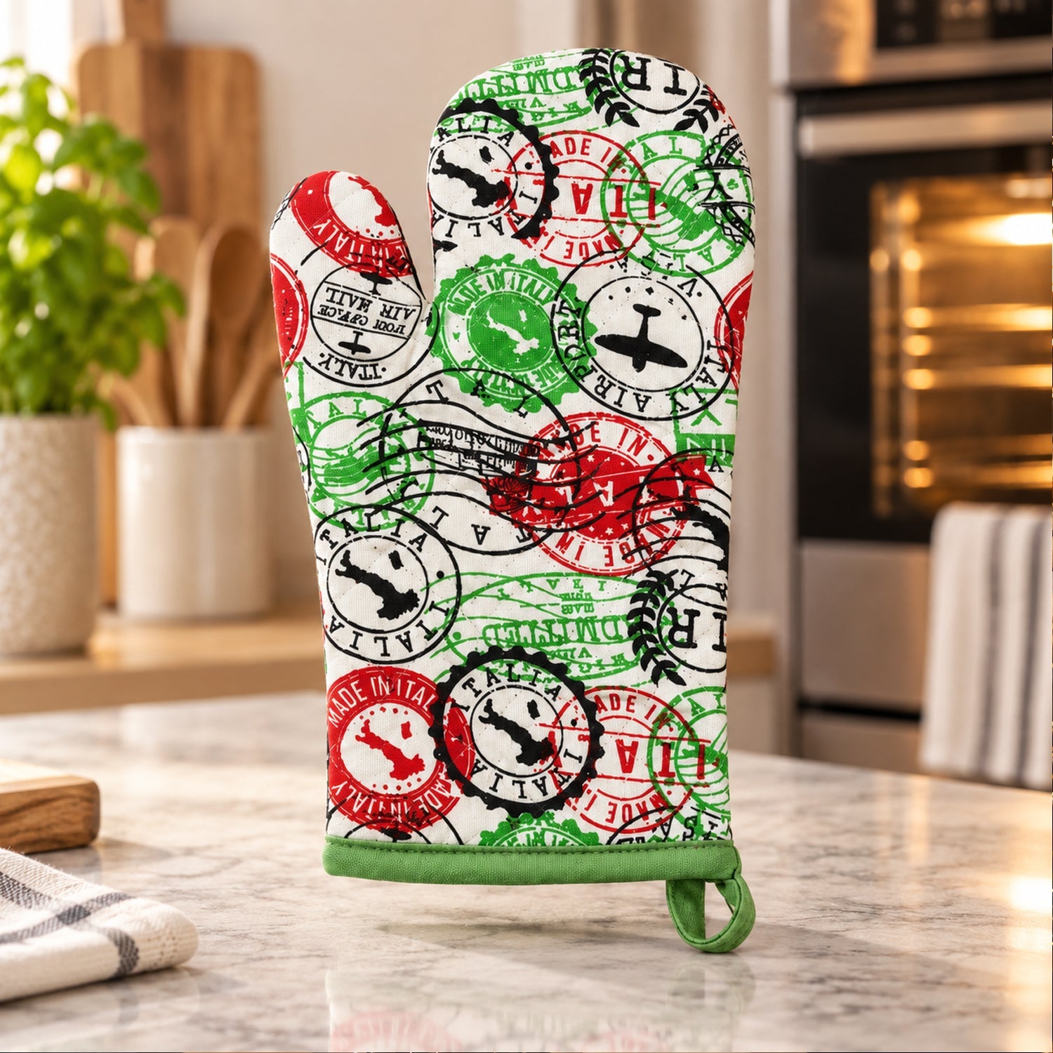Travel Stamp Print Oven Mitt