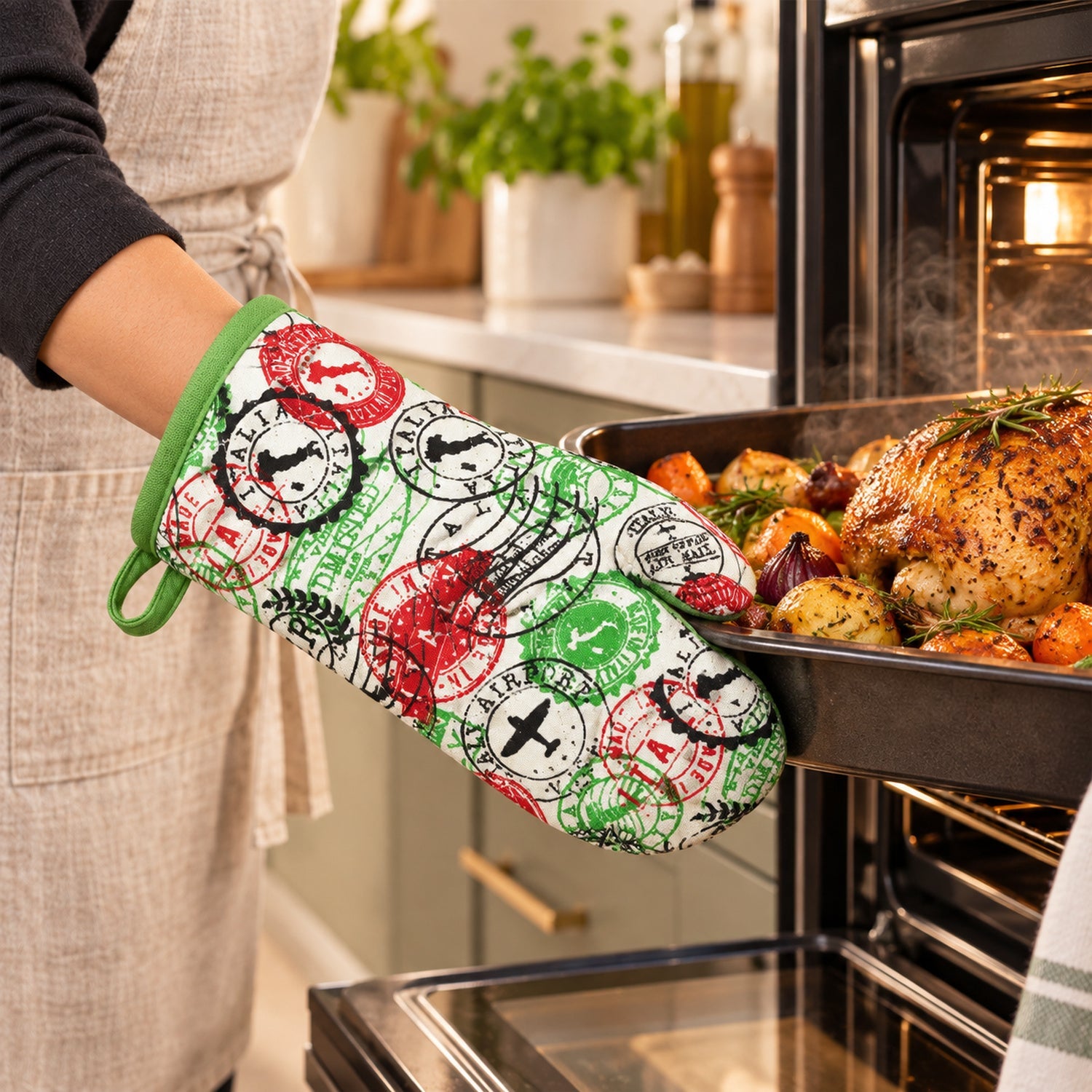 Travel Stamp Print Oven Mitt
