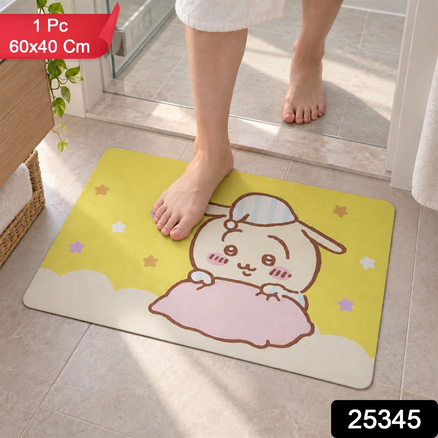 A yellow bath mat with a sleeping bunny design is on a tiled floor, with a person's feet stepping on it.