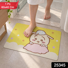 A yellow bath mat with a sleeping bunny design is on a tiled floor, with a person's feet stepping on it.